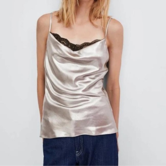 ZARA TRF Collection Satin Effect Lace Inset Cami 90s Vintage Sz M - Picture 1 of 6